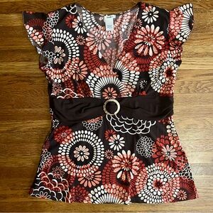 Y2k vtg babydoll top L M brown floral mod stretch cap sleeves